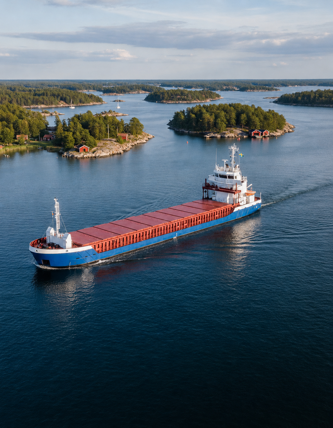 Cargo ship sailing among Nordic islands