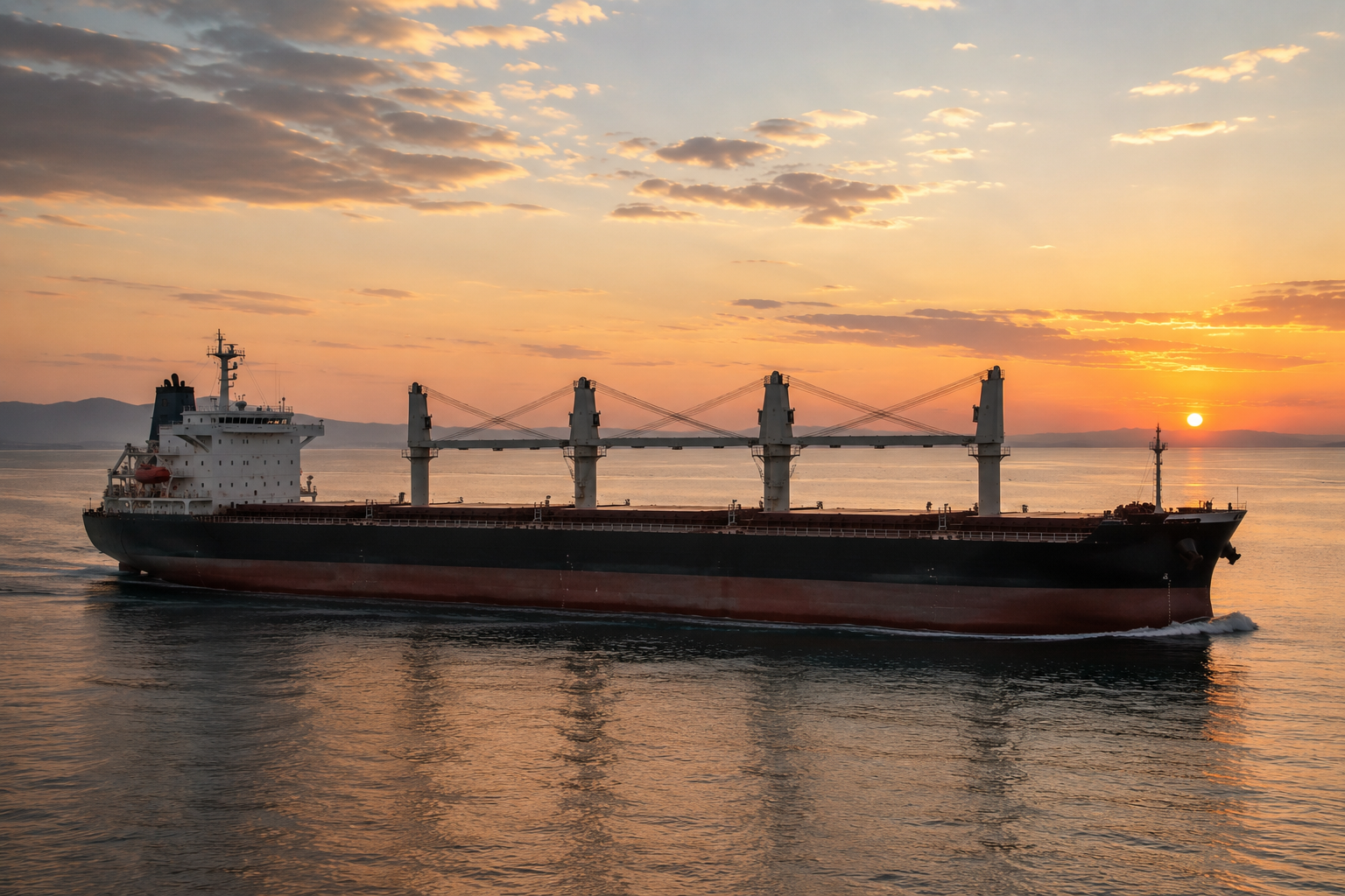 A large cargo ship sailing at sunset