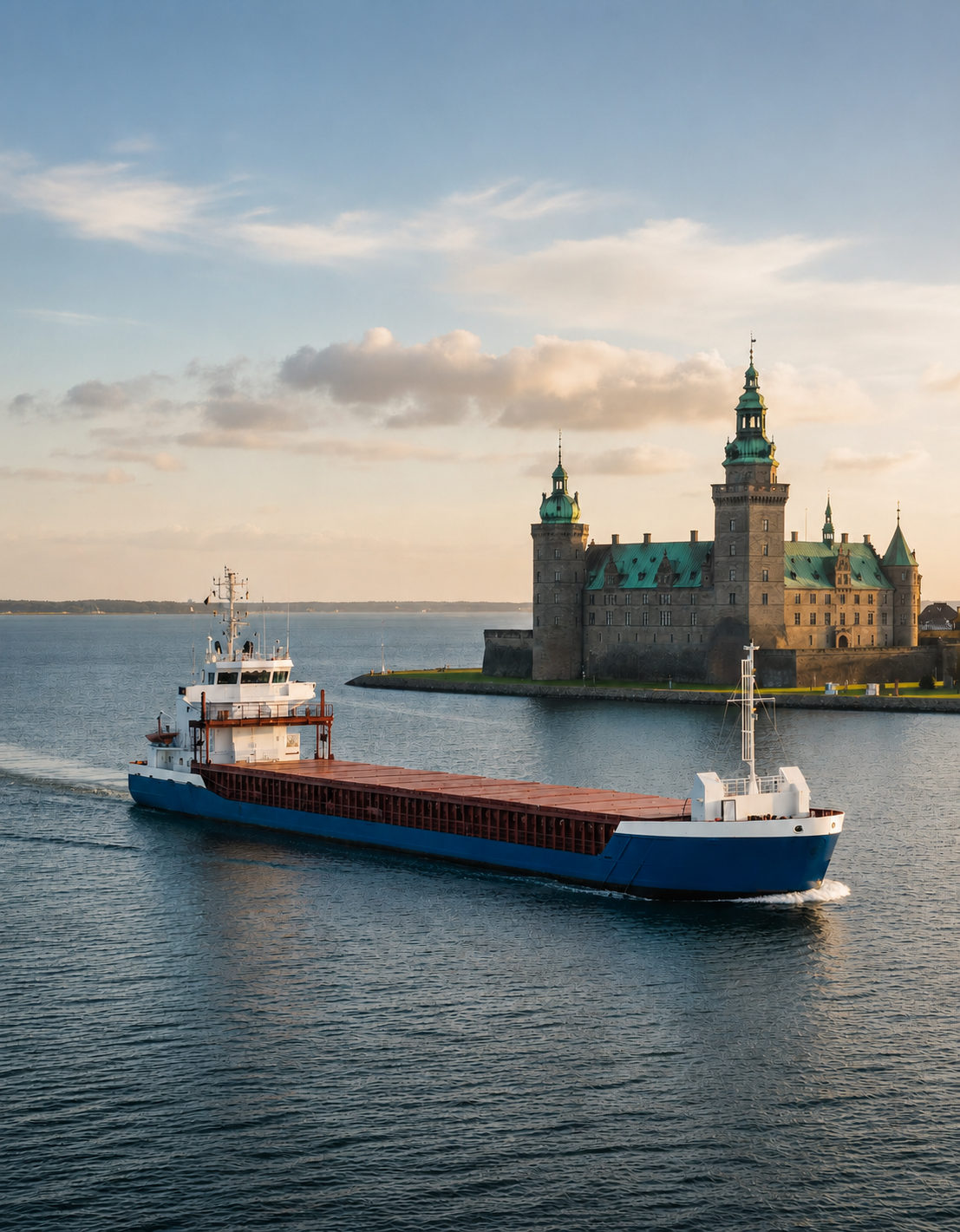 Cargo vessel passing Kronborg Castle at sunset